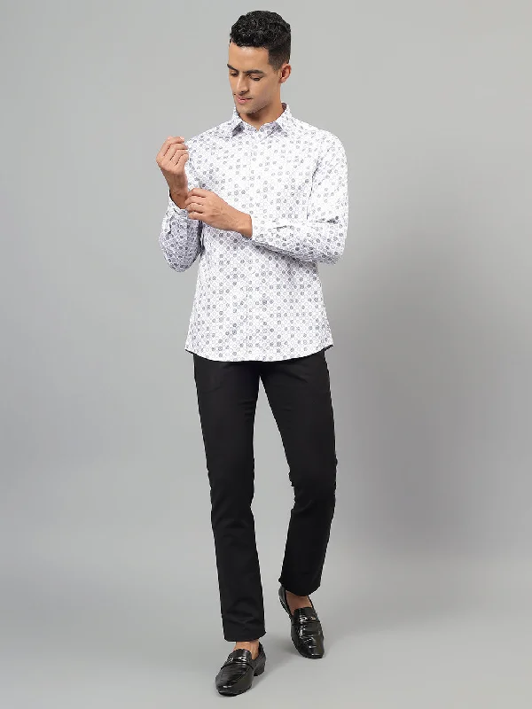 Men's White Printed Partywear Full Sleeves Shirt