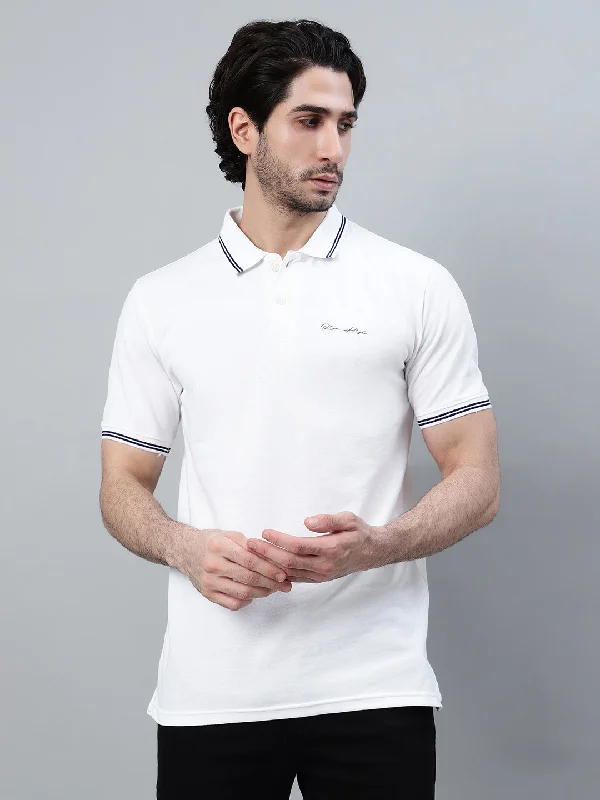 Men's White Solid Polo Neck Half Sleeve T-shirt