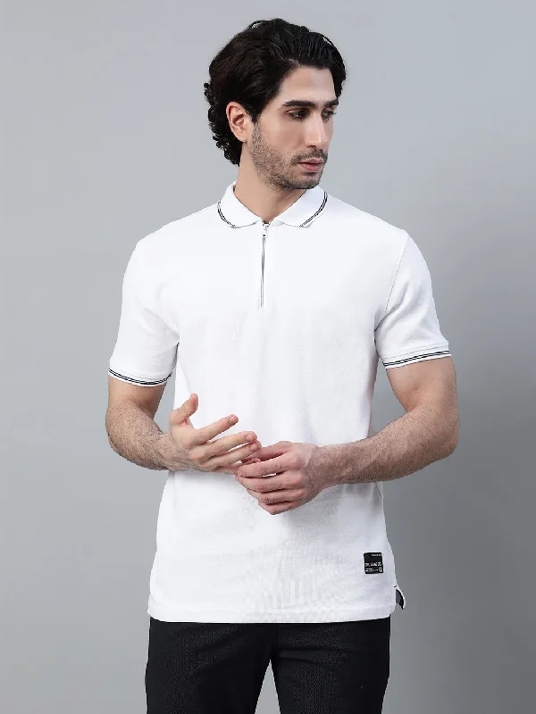 Men's White Solid Polo Neck Half Sleeve T-shirt