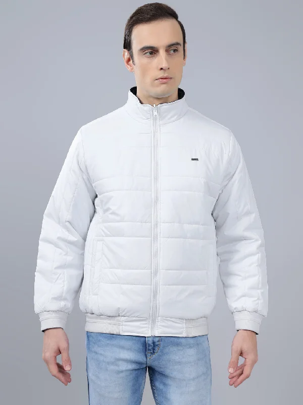 Men's White Solid Stand Collar Reversible Winter Jacket