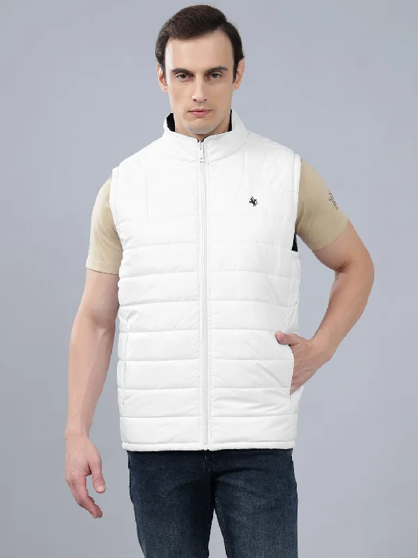 Men's White Solid Stand Collar Reversible Winter Jacket