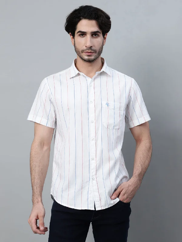 Men's White Striped Half Sleeve Casual Shirt