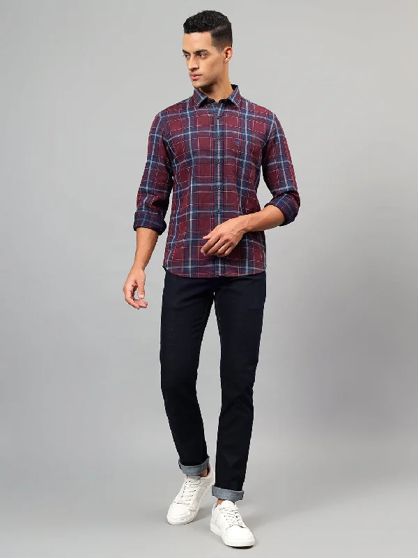 Men's Wine Checked Casual Full Sleeves Shirt