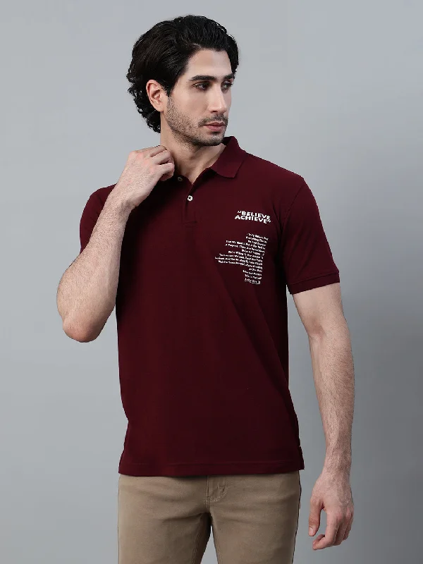 Men's Wine Printed Polo Neck Half Sleeve T-shirt