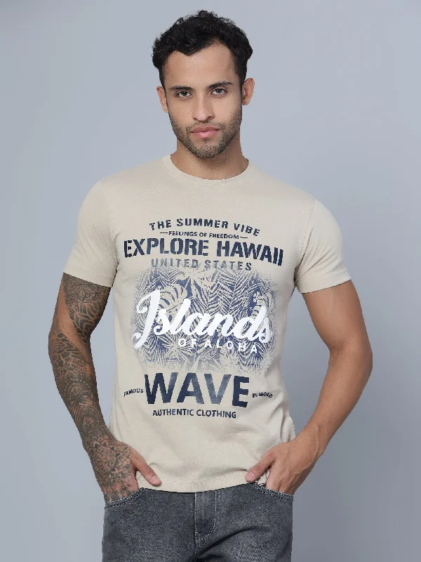 Men Round Neck Beige T-Shirt